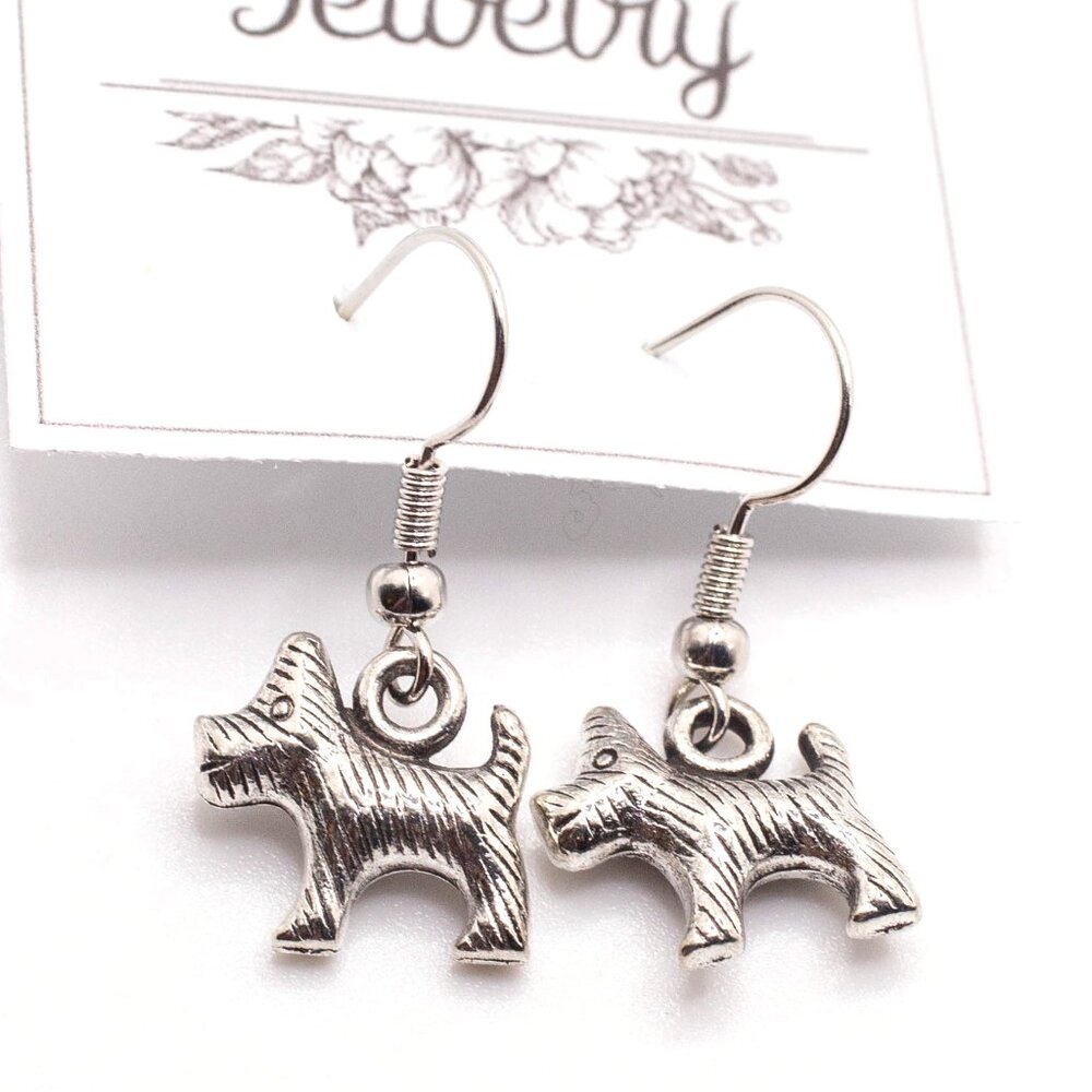 Handmade Silvertone Scotty Scottish Terrier Dog Dangle Earrings, New
